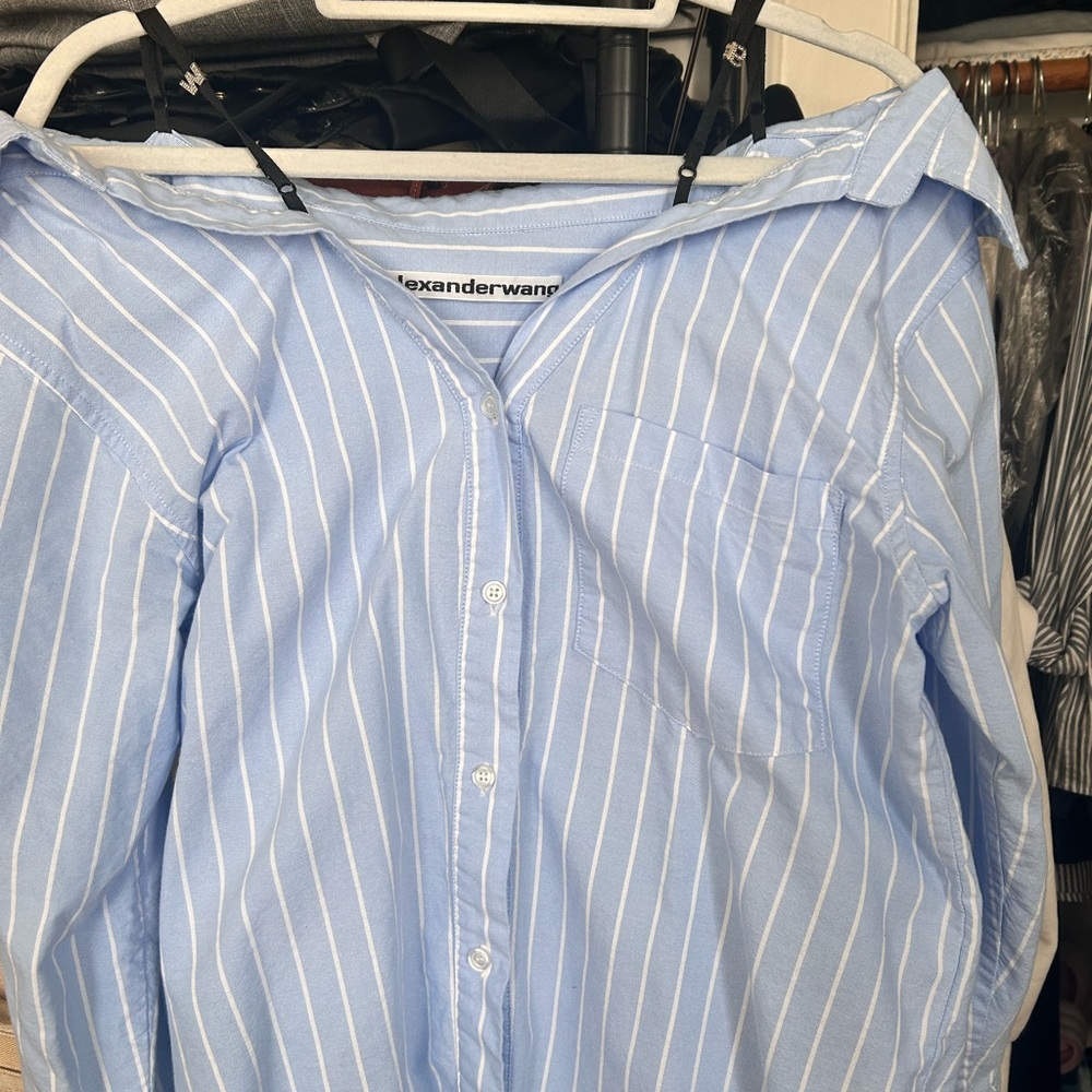 Alexander Wang Light Blue Striped Off-Shoulder Shirt - Picture 2 of 4